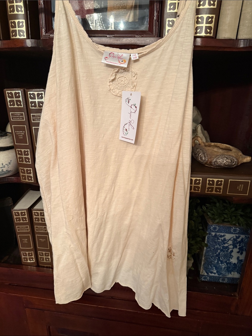 Paper Lace.  Tank.  Cream Sleeveless Tunic Top with Crochet Detail.  Great